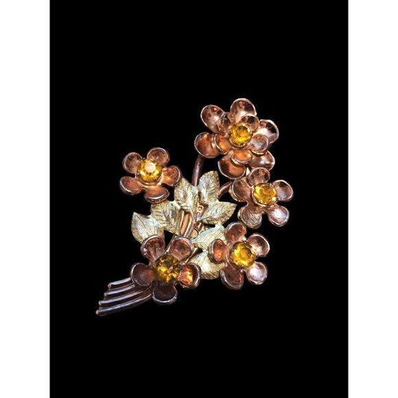 Vintage Sterling Flower Floral Amber Brooch Pin - Picture 2 of 4